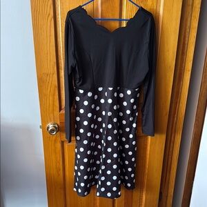 Black and White V-Neck Long Sleeve Fit and Flare Dress